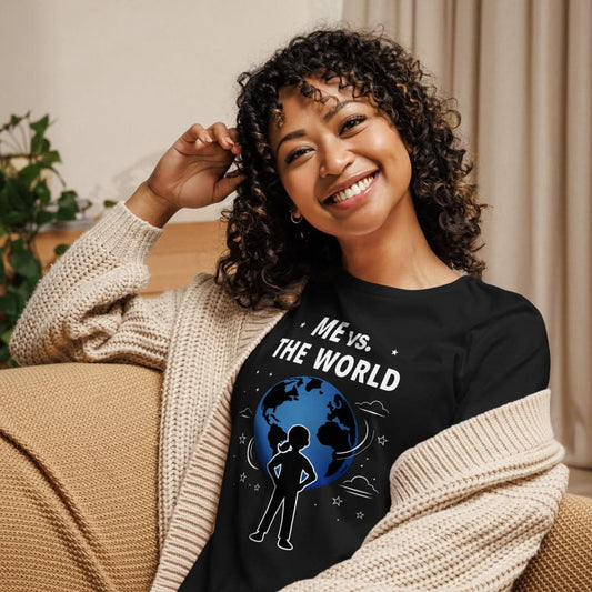 Relaxed woman wearing a black t-shirt with 'Me vs. The World' Special Edition design, sitting on a couch.